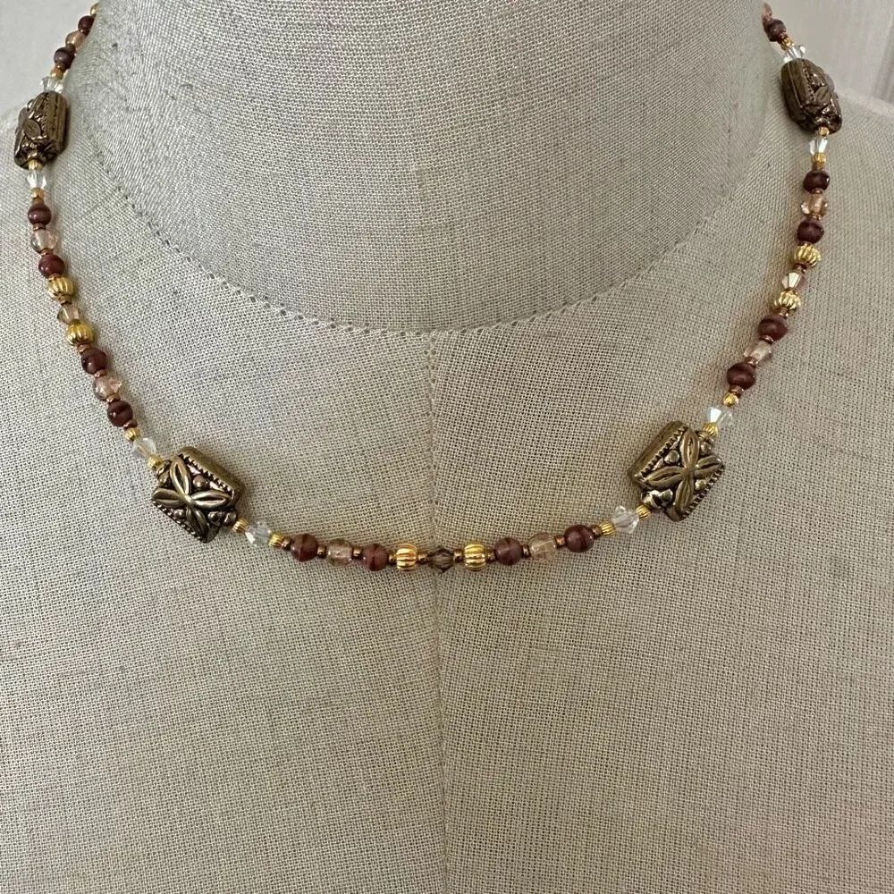 Gold tone crystal beaded necklace
